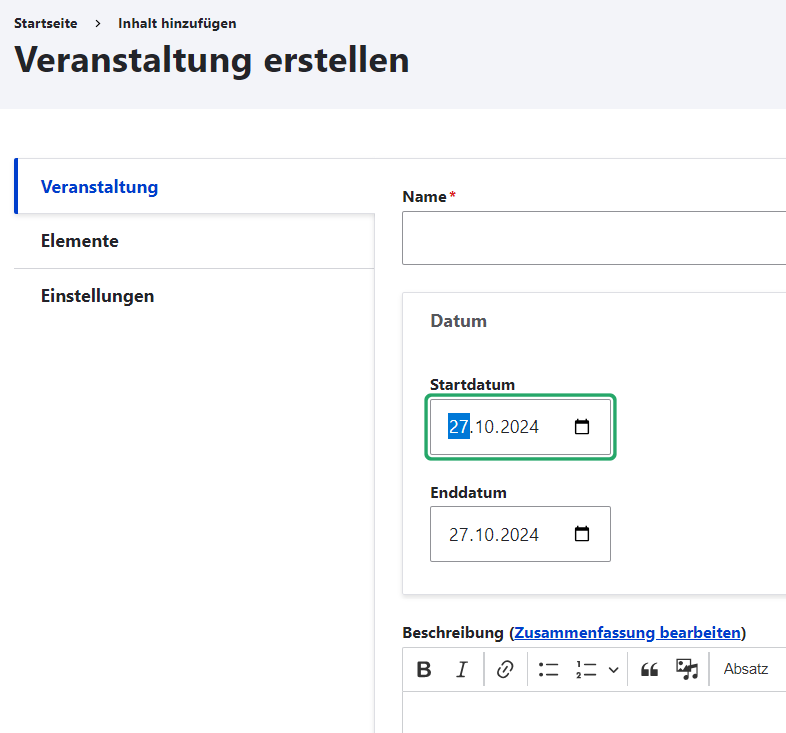 Veranstaltungen eintragen - Datum