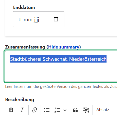 Veranstaltung eintragen - Zusammenfassung