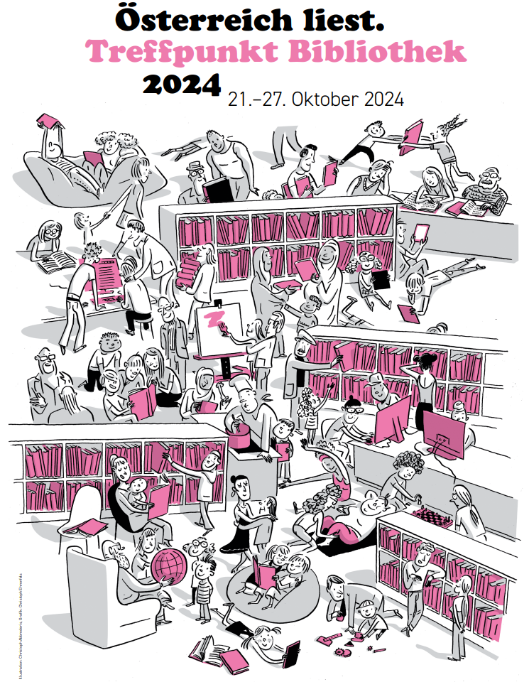 Plakat Österreich liest 2024 Bibliothek pink